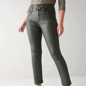NWT New 14S 14 short Whbm coated denim jeans curvy fatigue green faux leather
